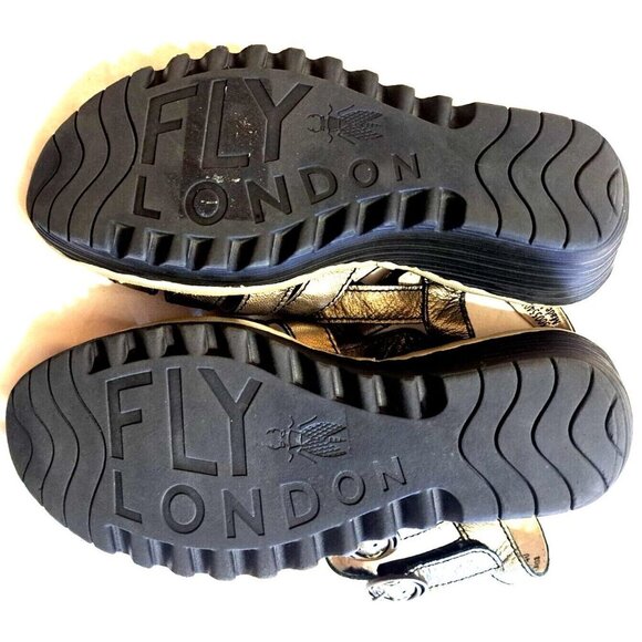 Fly London Women's 9 Bronze Gold Metallic Strappy Sandals 2.5" Wedge Hook & Loop - Picture 8 of 9